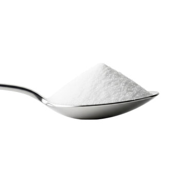 A gleaming silver tablespoon precisely balances a pristine mound of fine white granulated powder, isolated on a transparent background with copy space, concept of culinary precision