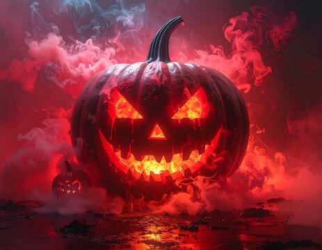 Spooky pumpkin with glowing eyes amidst fiery red smoke - Powered by Adobe