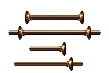 Metal axle tubes with cog-wheel, horizontal. On isolated transparent background.