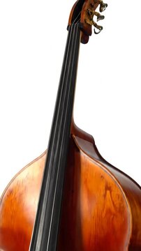 A close-up view of a wooden upright bass. The strings and bridge are visible. The wood has a varnish
