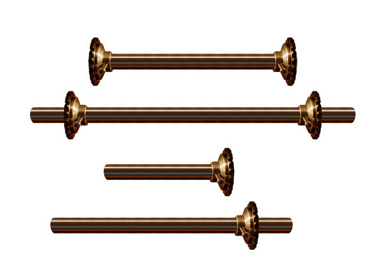 Metal axle tubes with cog-wheel, horizontal. On isolated transparent background.