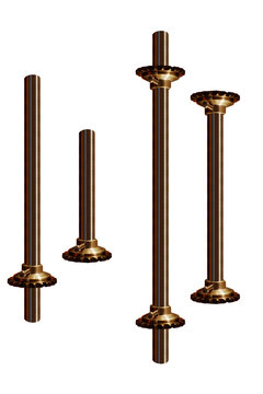 Metal axle tubes with cog-wheel, vertical. On isolated transparent background.