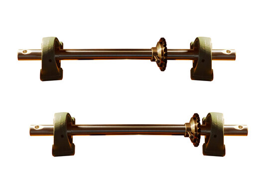 Metal axle tubes with cog-wheel, horizontal. On isolated transparent background.