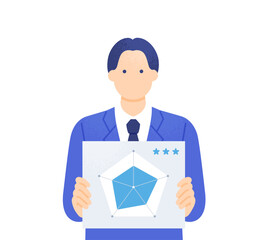 自分の能力やスキルを可視化したレーダーチャートを持つ男性のイラスト素材。