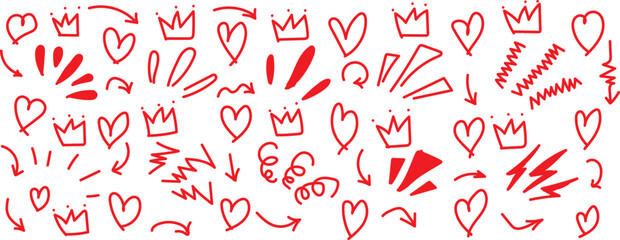 Doodle radial line rays. Hand drawn round corner shine. Hand-drawn red doodle set featuring hearts, crowns, and arrows for various design projects. A vibrant collection of hand-drawn red doodle elemen