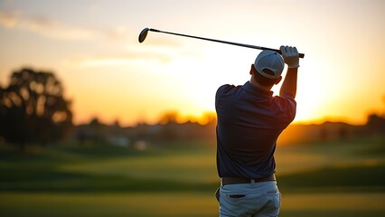 golfer. A professional golfer in mid-swing silhouette against a sunset-lit fairway, capturing motion and focus. inspiring travel planning.
