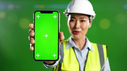 Woman engineer holding a smartphone with green screen promoting project management application on site