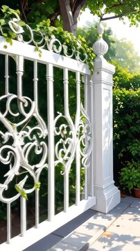 Ornate white fence with decorative scrollwork detail, partially covered by greenery, next to a garden