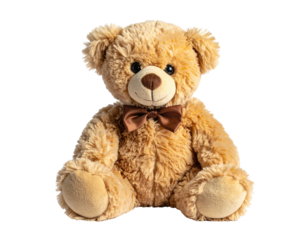 Tan plush bear, brown bow, sitting against black backdrop