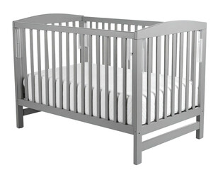 Gray wooden baby crib with white mattress, angled view