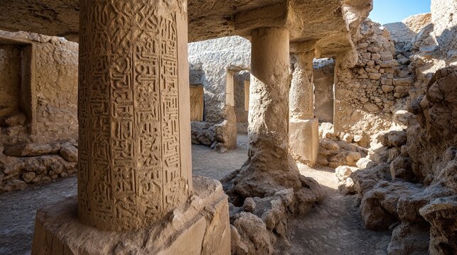 cuneiform. Ruins of ancient palace with broken walls and inscribed stone column. real-estate listings, architecture portfolios, designed for architectural facade and classical detail presentations.