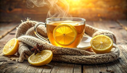 Steaming cup of tea with lemon slice on white saucer, wrapped in cozy scarf with warm light.