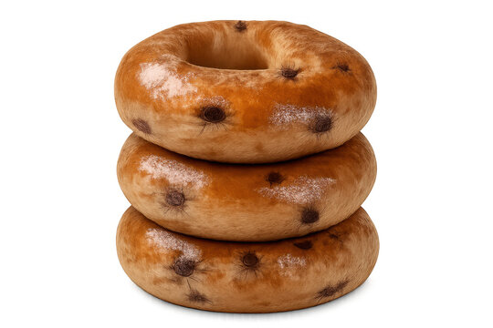 Stacked chocolate chip bagels on transparent background, fresh baked pastry for breakfast or quick snack