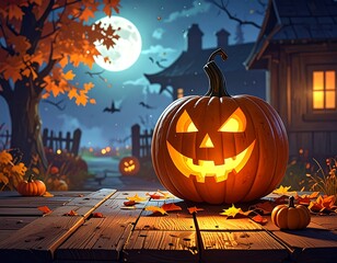 Spooky scene of a glowing carved pumpkin on a wooden surface