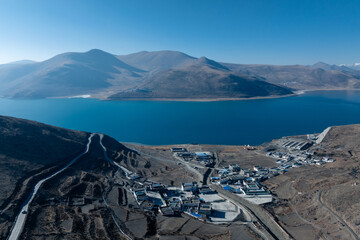 Aerial view of  beautiful landscape of Yamdrok Yumtso lake in Tibet, China