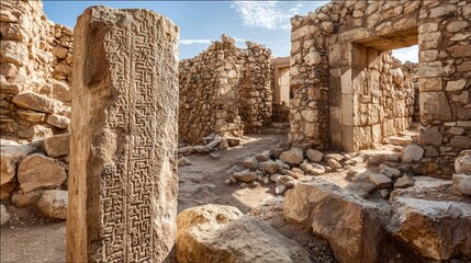 cuneiform. Ruins of ancient palace with broken walls and inscribed stone column. real-estate listings, architecture portfolios, designed for architectural facade and classical detail presentations.