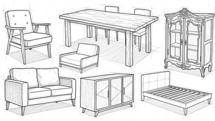 Hand drawn sketch of interior furniture pieces