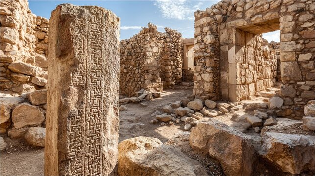 cuneiform. Ruins of ancient palace with broken walls and inscribed stone column. real-estate listings, architecture portfolios, designed for architectural facade and classical detail presentations.