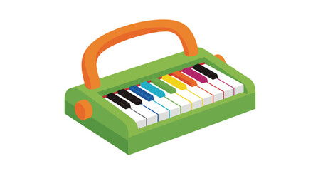 Isometric illustration of a colorful green and orange toy piano for children to play music and develop skills.