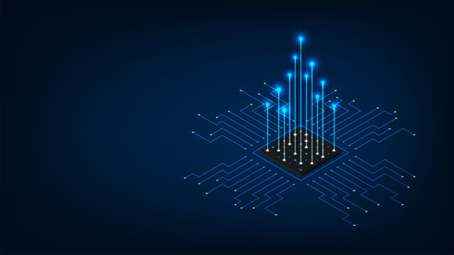 isometric computer processors CPU concept. Abstract circuit board technology background.