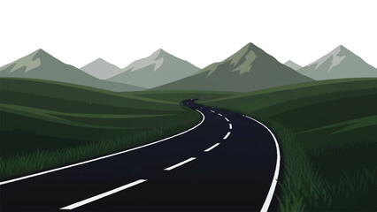 A winding road leads to majestic mountains in a serene landscape illustration