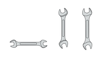 Set of three metal double-ended spanner or wrench tools in different positions isolated on a white background vector.