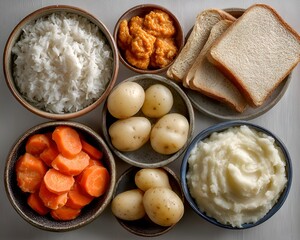 An overhead view showcases bowls of white rice, mashed potatoes, carrots, sweet potatoes, potatoes, and white bread on a white background.