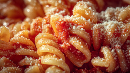 A plate of rotini pasta smothered in rich tomato sauce and sprinkled with parmesan cheese