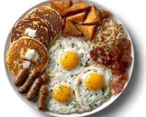 An overhead studio shot showcases a big delicious breakfast with eggs, pancakes, sausage, bacon, potatoes and toast on a round white plate.