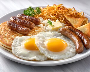 A hearty breakfast plate features pancakes, sunny side up eggs, sausage, hash browns, butter, and toast for a delicious morning meal.