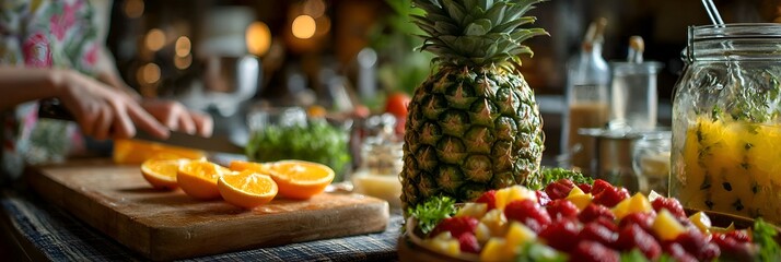 A person slices oranges on a wooden board while prepa a tropical fruit salad with pine and raspberries on a rustic table.