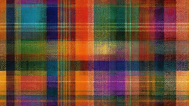 Vibrant plaid fabric with intersecting lines creates colorful, textured textile background