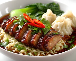 Delicious bowl of ramen noodles with roasted pork slices, dumplings, bok choy and chili pepper garnish in a rich flavorful broth presentation.