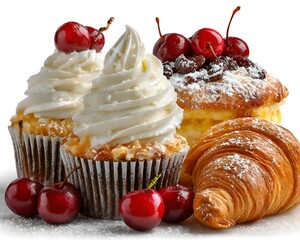 Delicious cupcakes topped with whipped cream and cherries alongside a croissant and pastry, all on a bright white background creates a lovely display.