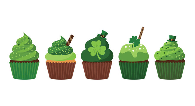 Set of five delicious green cupcakes decorated with sprinkles shamrocks and leprechaun hats for St Patrick's Day.