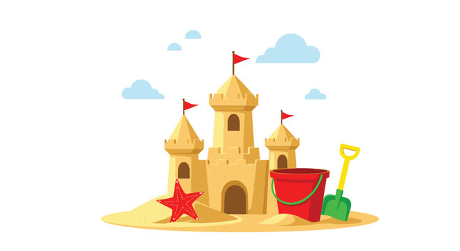 Children's sandcastle with flags on a beach next to a red bucket green shovel and a red starfish on a sunny day.