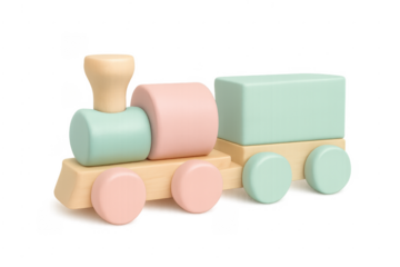 Wooden toy train with pastel blocks on transparent background
