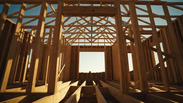 Interior of a house under construction with wooden beams and a roof frame and walls without insulation or drywall