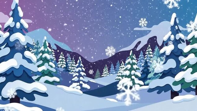 Winter Wonderland - Snowy Landscape with Pine Trees and Snowflakes.