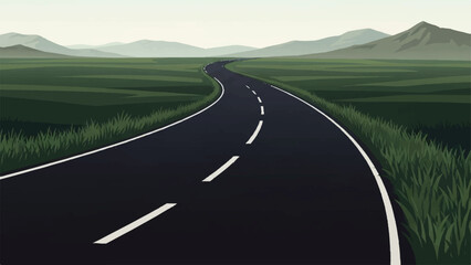 A winding road stretches through a serene green landscape with distant mountains illustration