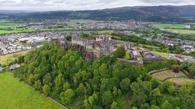 Drone footage of Stirling Castle and surrounding landscape, Scotland, UK