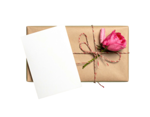Gift with flower, card. Top view, neutral background
