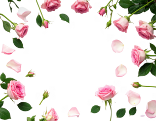 Fresh roses flat lay on white background