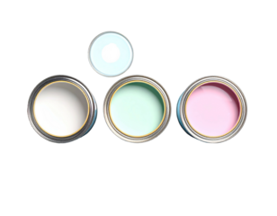 Pastel paints in open cans, lid floats above