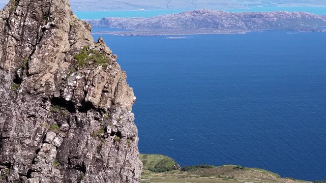 Aerial view of Old Man of Storr cliff and Sound of Raasay, Scotland, UK