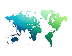 Polygonal world map gradient, blue to green hue on black