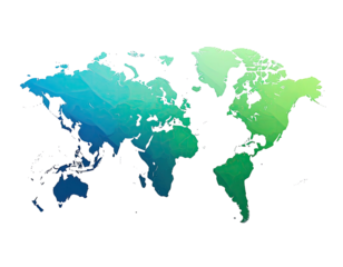 Polygonal world map gradient, blue to green hue on black