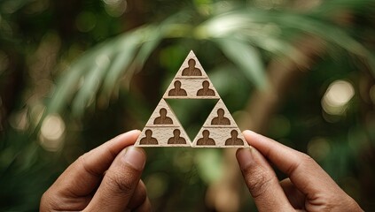 Hands hold a wooden hierarchical triangle of human figures against a green forest