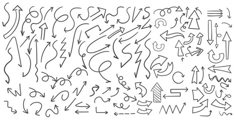 Obraz premium Collection hand drawn arrows. Set simple arrows isolated on white background. Arrow icons. Arrow paint. Vector illustration.