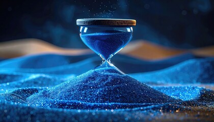 Intricate hourglass filled with sparkling sapphire blue sand rests on a shimmering desert dune under moody blue and gold lighting a concept for time passing eternity and magic